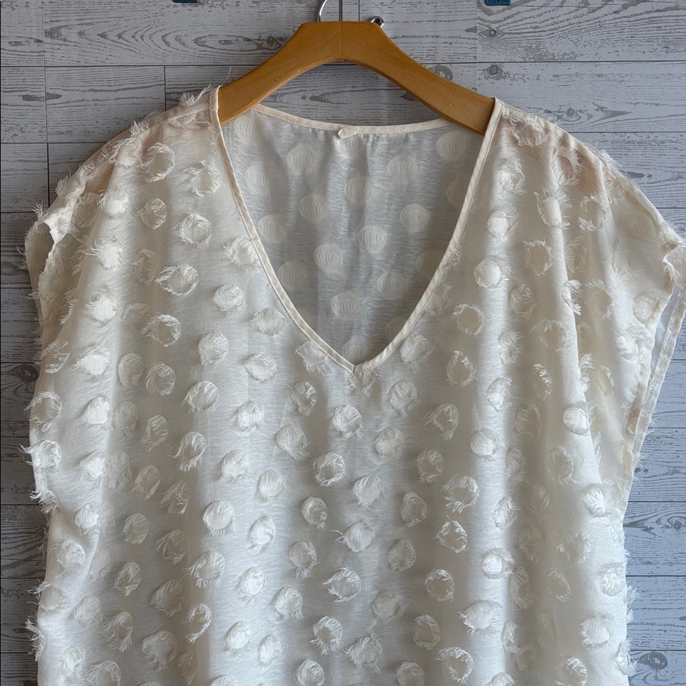 cream sheer mesh polka‎ dot dress pool party fringe romantic swim cover up large